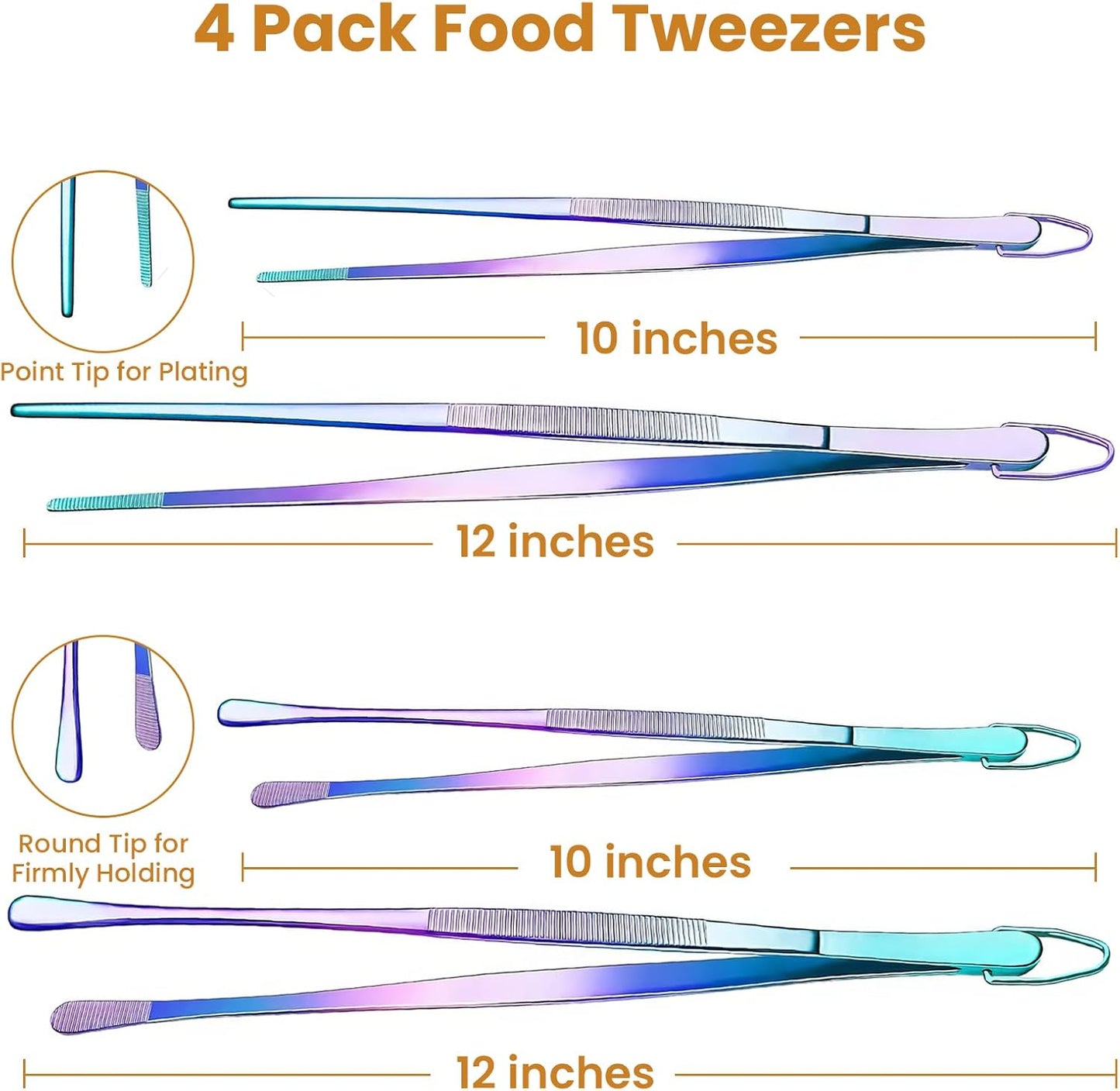 GEEKHOM 4 Pcs Colorful Tweezer Tongs Set, 12" and 10" with Non-Slip Handles, Perfect Kitchen Utensil Set for Family Cooking, Baking & Serving
