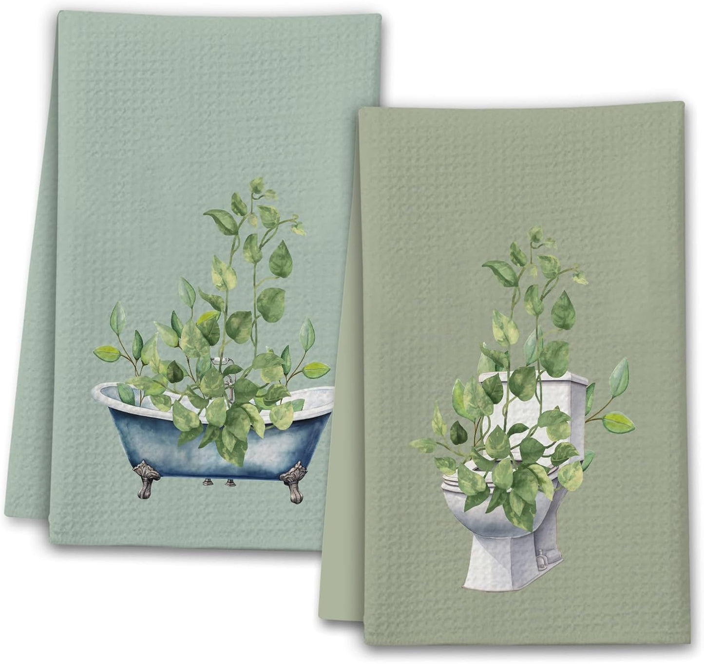 Sage Green Kitchen Towels, Leaves Toilet Bathtub House Hand Towel Set of 2, Farmhouse Gifts for Home Bathroom Holiday Decor - A10