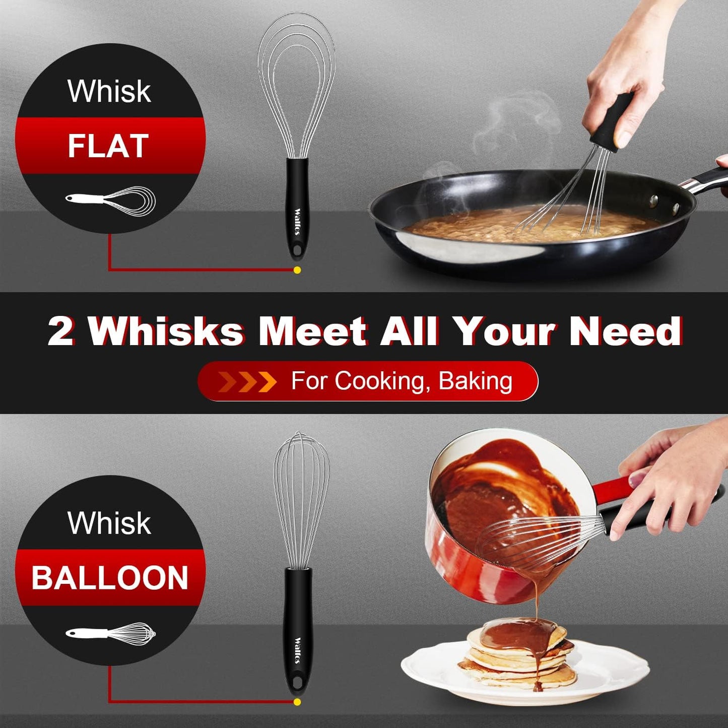 Walfos Whisk,Whisks for cooking set, 304 Stainless steel Whisks,Heat Resistant 600°F.Perfect for Blending Beating Stirring - 11inFlat Whisk and 7+9+11in Balloon Whisk
