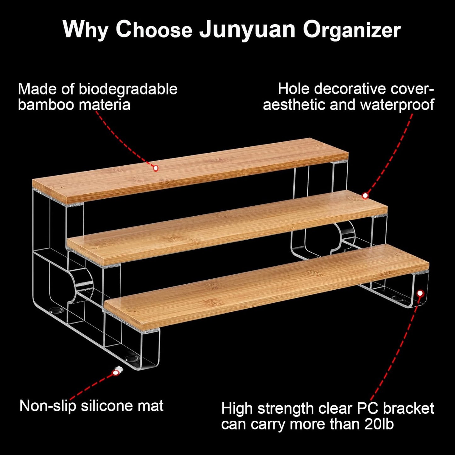junyuan Spice Rack Organizer for Cabinet,3 Tier Spice Organization for Kitchen,Bathroom Organizers and Storage,Seasoning Countertop Shelf,Bamboo Display Shelves Racks,Clear 11.2"