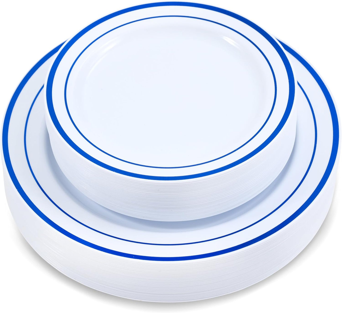 60 Pieces White Plastic Disposable Plates - Premium Heavy-Duty 30 Dinner Plates & 30 Salad Plates with Blue Rim Ideal for Party, Birthday and Special Events