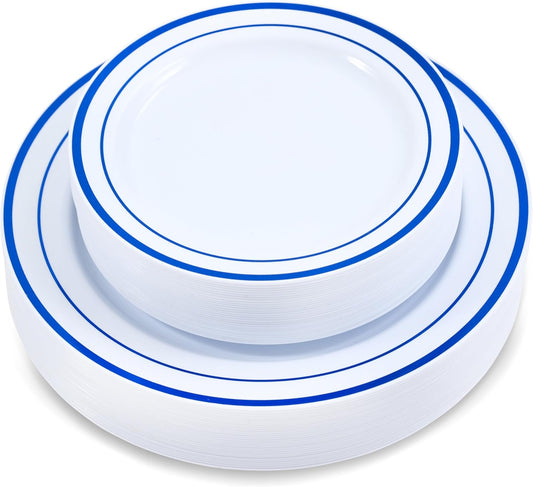 60 Pieces White Plastic Disposable Plates - Premium Heavy-Duty 30 Dinner Plates & 30 Salad Plates with Blue Rim Ideal for Party, Birthday and Special Events