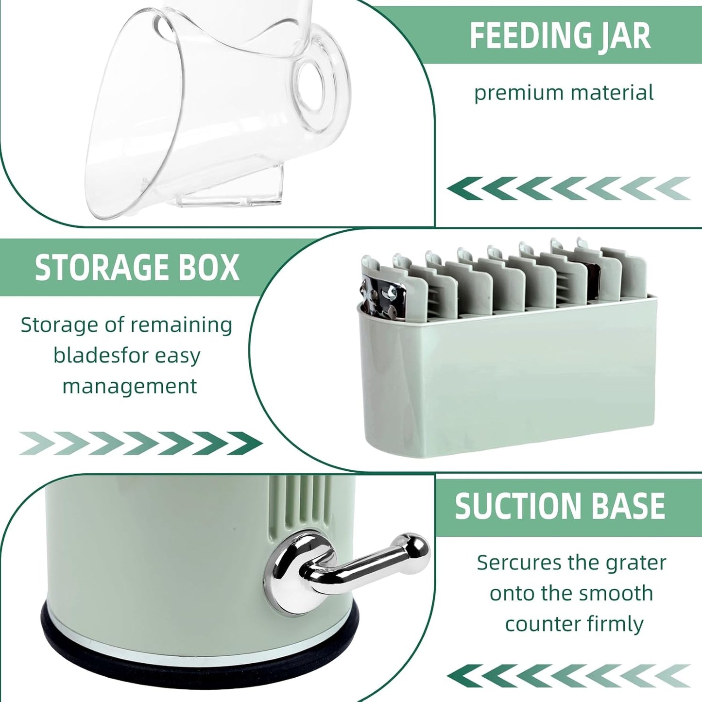 Rotary Cheese Grater with Handle, Vegetable Shredder with 5 Replaceable Blades & Strong Suction Base, Round Food Slicer & Chopper for Kitchen Fruit Vegetables Nuts with Blade Storage Box (Green)