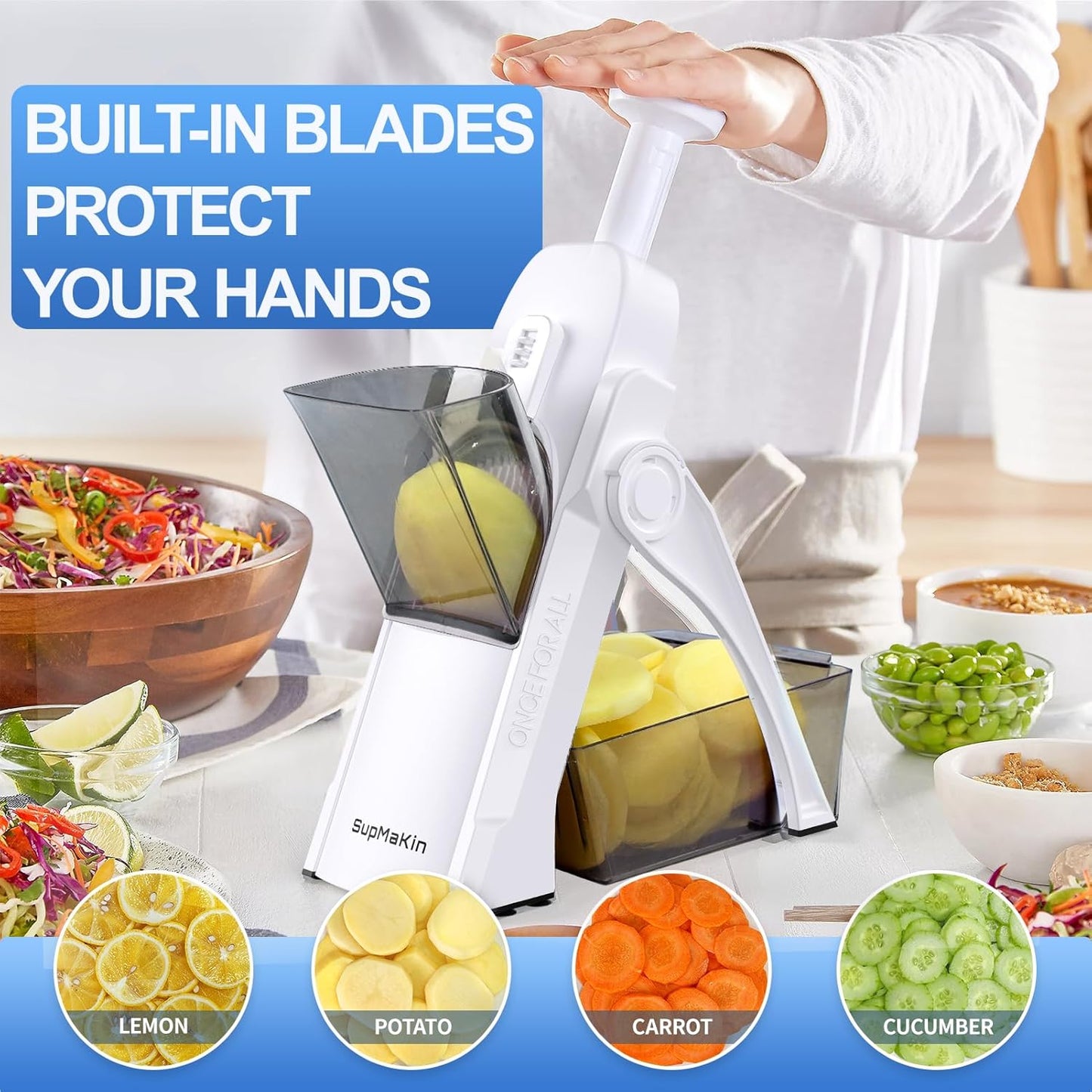SupMaKin Safe Mandoline Slicer for Kitchen, Potato Slicer for Chips, Vegetable & Food Slicer,Thickness Adjustable 0.1-8 mm, Kitchen Faster Slice Artifact White (Only Slice)