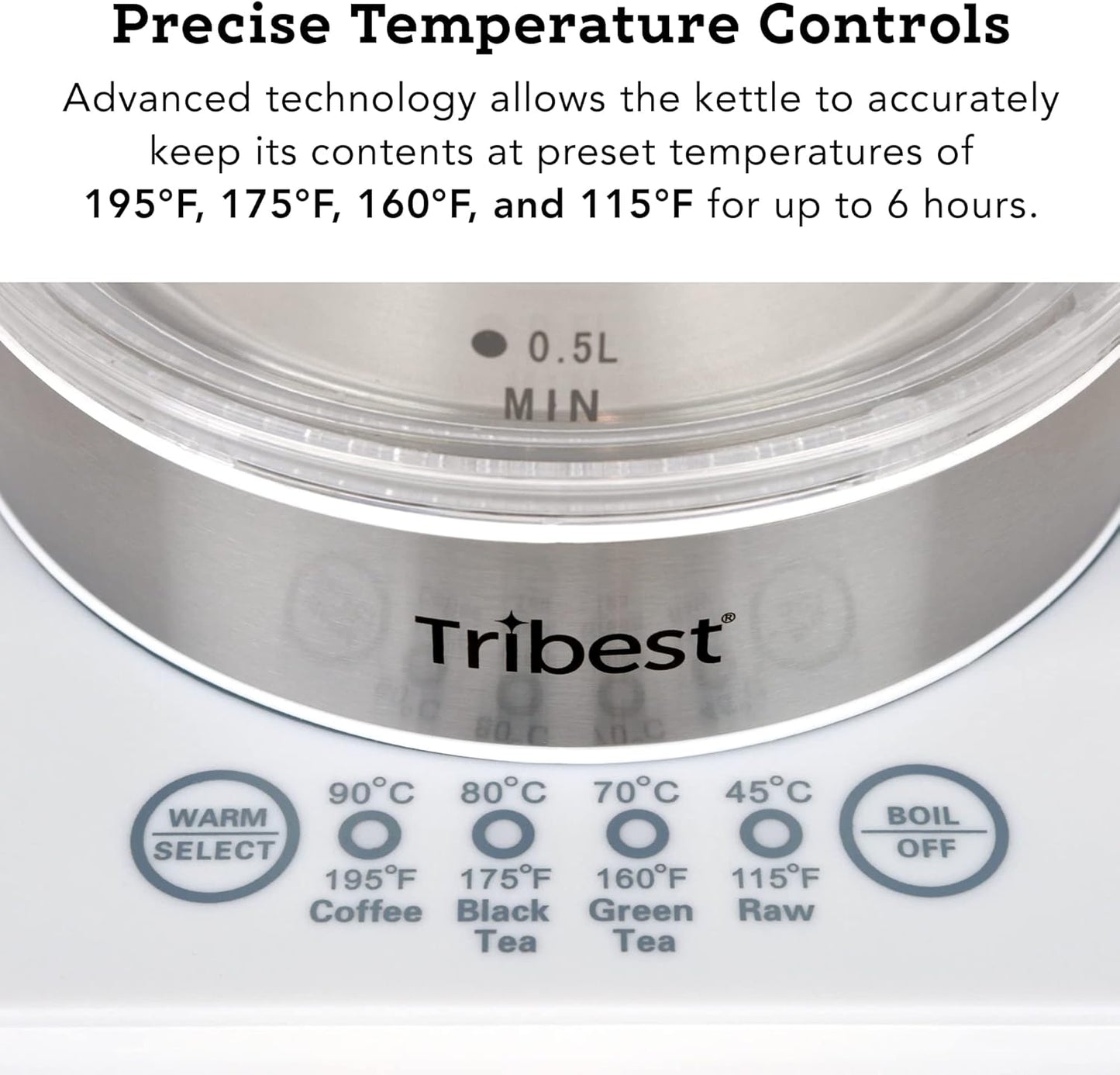 Tribest GKD-450 Hot Water Kettle, Electric Water Boiler & Water Warmer with Glass Tea Kettle, 110V, White