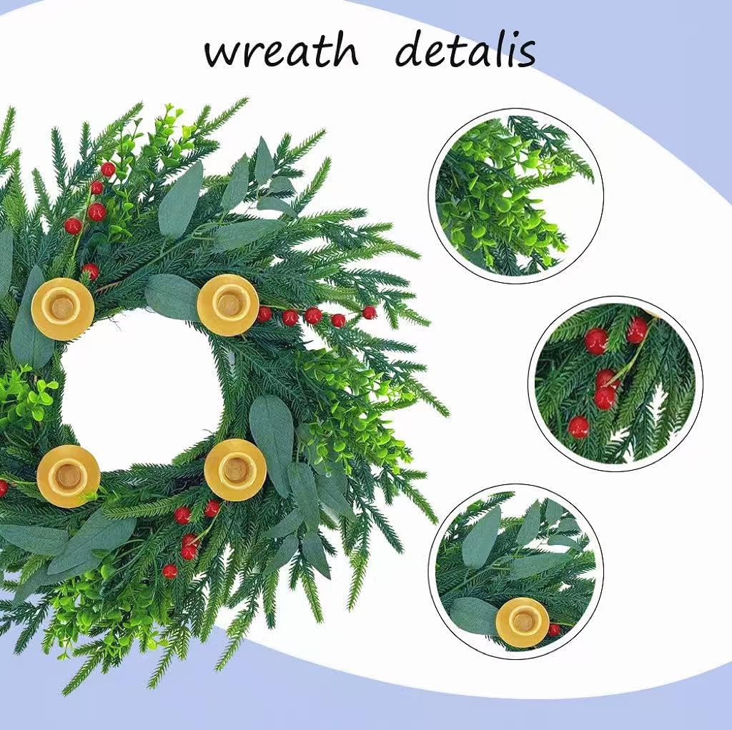 20Inch Christmas Pine Candle Wreath for Front Door, Artificial Advent Candle Holder with Red Berries for Holiday Tabletop Wall Window Porch Candle Decor