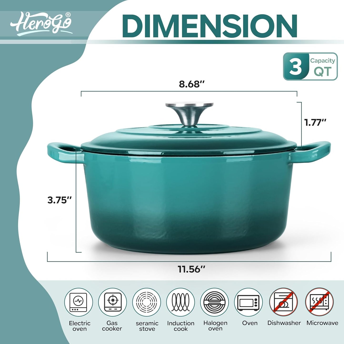 Herogo Enameled Cast Iron Dutch Oven with Lid, 3QT Heavy Duty Round Dutch Oven Pot with Dual Handles for Bread Baking Stewing Roasting, Nonstick & Easy Cleanup, Safe for Various Stovetops - Green