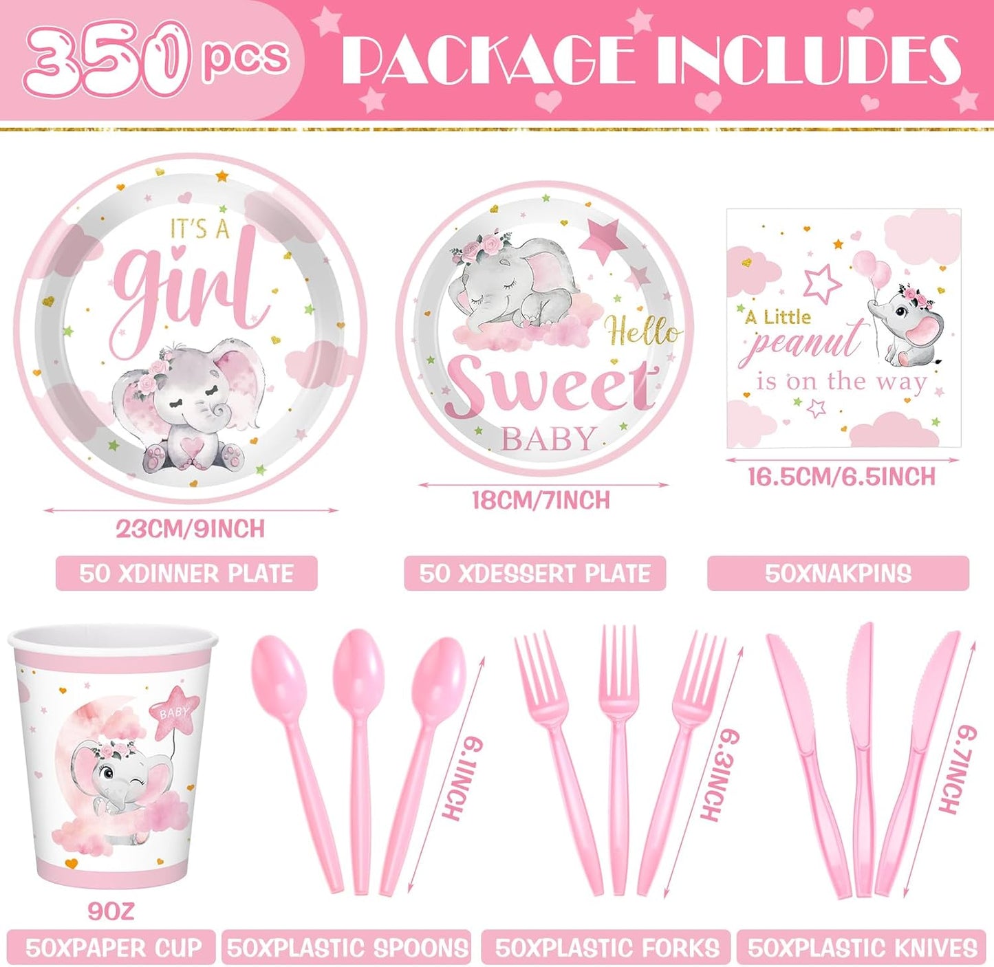 Dandat 350 Pcs Baby Shower Plates Set Baby Shower Party Supplies Serves 50 Tableware Sets Include Plates Napkin Cup Forks Knives Spoons Disposable Dinnerware(Elephant,Pink)