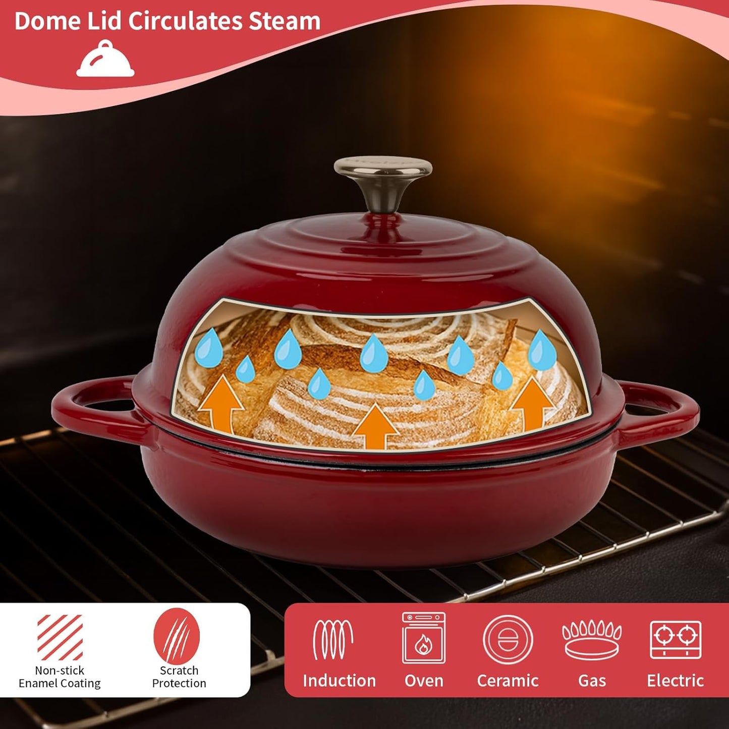Dutch Oven for Bread Baking, 5.4 Quart Dutch Enameled Cast Iron Bread Oven, Dutch Oven for Sourdough Bread Baking, Oven Safe up to 500° F, 25 cm Red