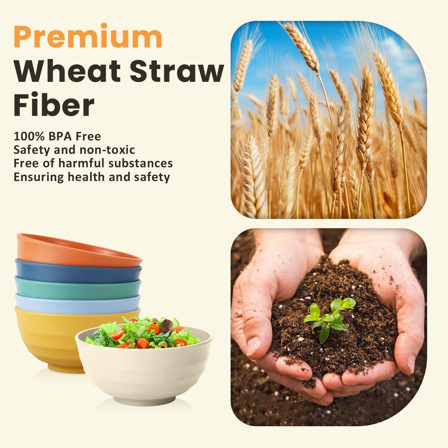 Homienly Wheat Straw Large Bowls, 60 OZ Large Capacity Salad Bowl,Unbreakable Bowl Set of 6, Serving Bowls for Kitchen, Picnic, Party, Microwave and Dishwasher Safe Camping Bowl Set-Multi