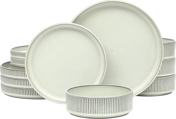 Gibson Elite 12 Piece (Service for 4) Townscape Plates and Bowls Reactive Glaze Embossed Round Dishes Terracotta Ceramic Dinnerware Set - Cream White