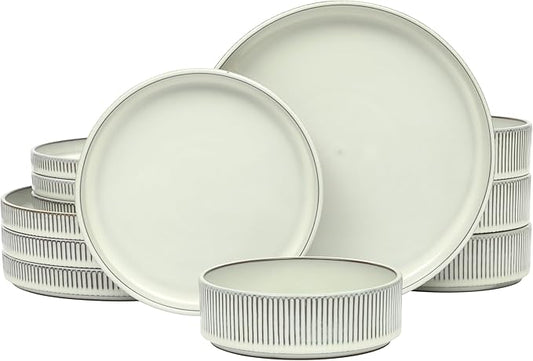 Gibson Elite 12 Piece (Service for 4) Townscape Plates and Bowls Reactive Glaze Embossed Round Dishes Terracotta Ceramic Dinnerware Set - Cream White