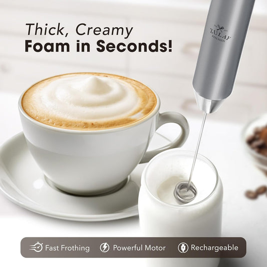 Zulay Kitchen Lux Rechargeable Milk Frother Handheld, 4 Included Whisks - Powerful 2-Speed Motor, Fully Waterproof, 2000mAh Battery - Drink Mixer For Latte, Cappuccino, Matcha, Protein Powder
