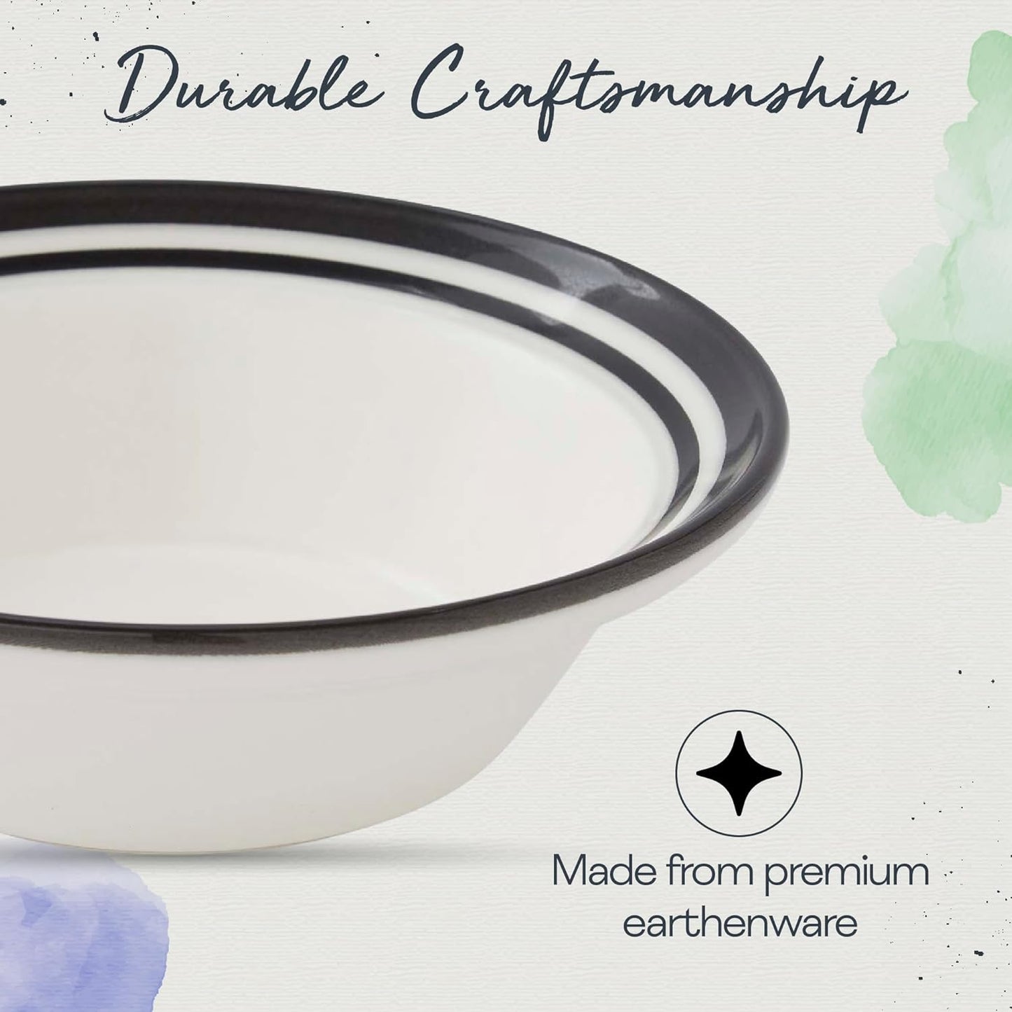 Portmeirion Potter's Stripe Oatmeal Bowls (Set of 4) - Elegant Earthenware for Breakfast, Lunch & Dessert - Microwave & Dishwasher Safe Bowls, Handcrafted Stackable Bowl Collection (Black Stripe)