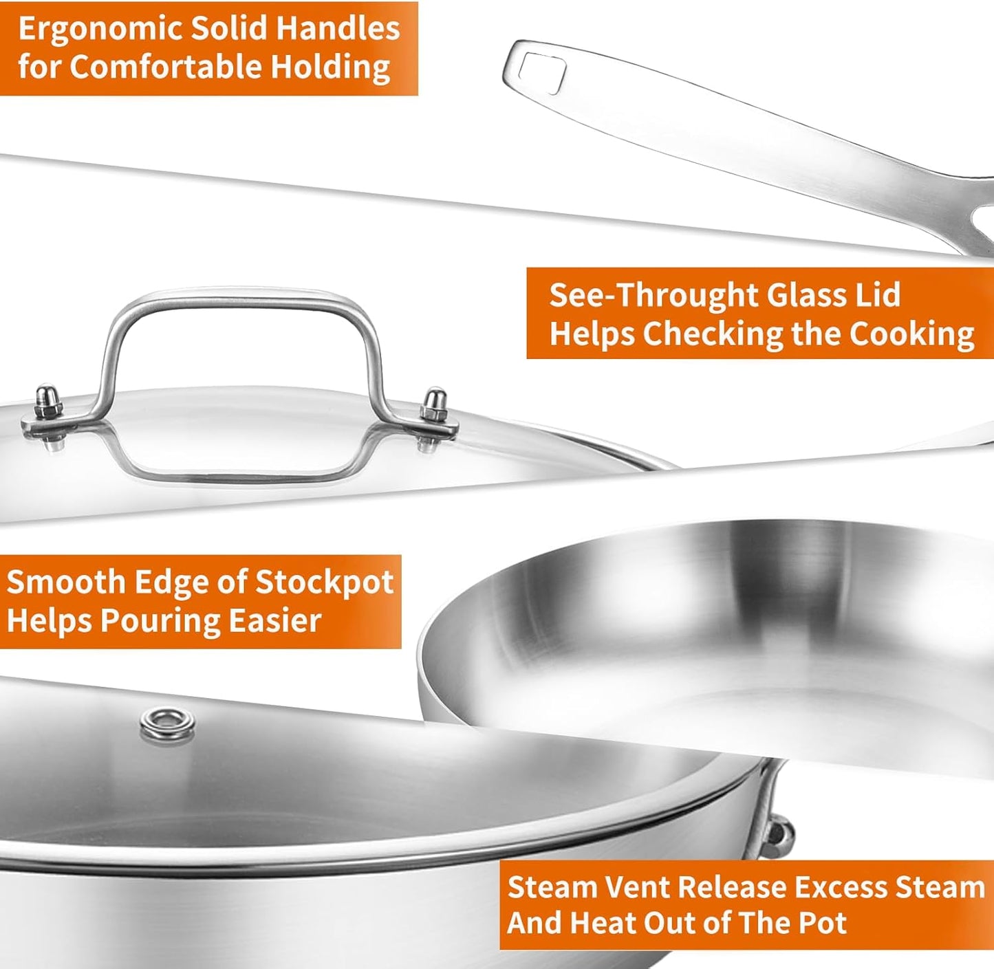 DELARLO 10inch Tri-Ply Stainless Steel Pan with lid, Induction Stainless Steel Frying Pan With Lid, Oven Safe Skillet 10in, Heat quickly and evenly, Durable Stainless Steel Cookware