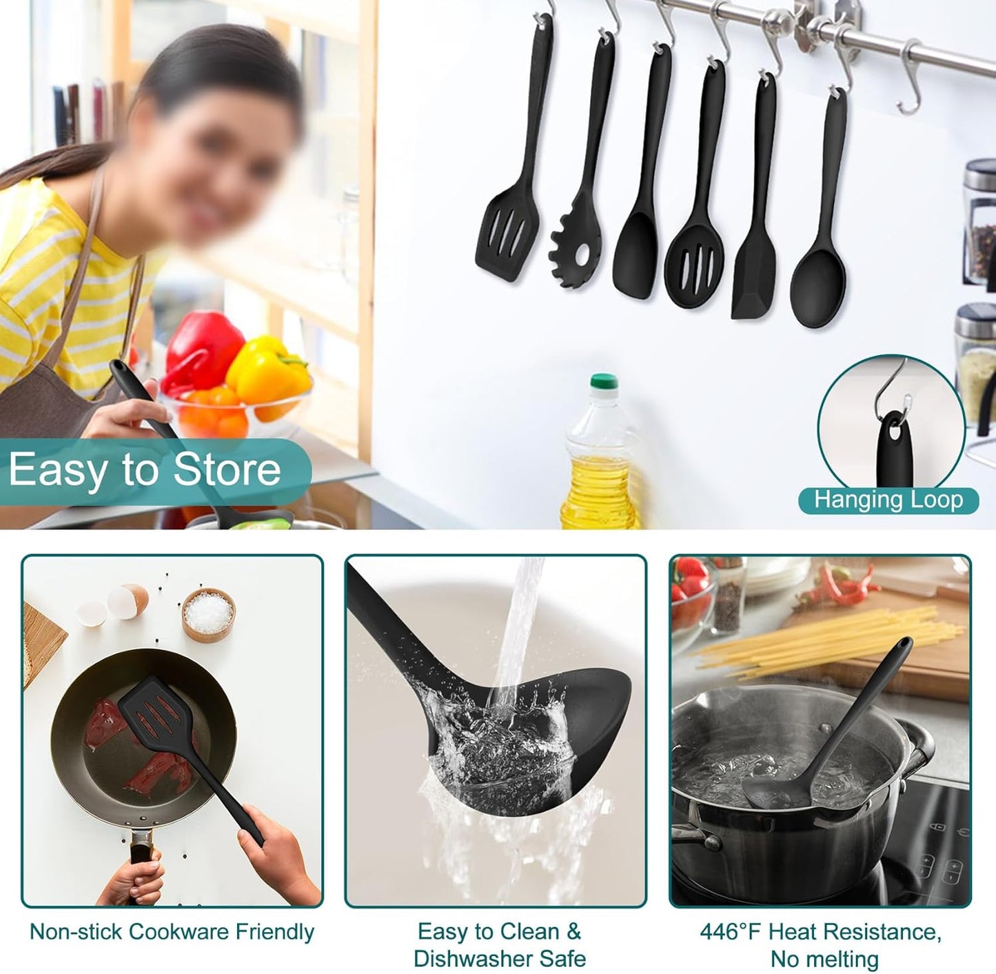 TeamFar Silicone Cooking Utensil Set of 7, Black Kitchen Nonstick Tools Turner Spoon Spatula Ladle Pasta Server for Nonstick Cookware, Healthy & One-Piece, Anti-Heat & Dishwasher Safe