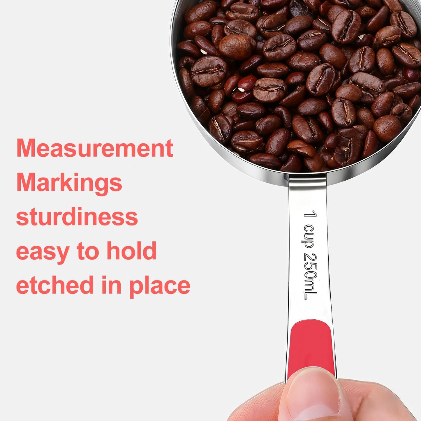 Measuring Cups and Spoons Set, Stainless Steel 10 Piece for Cooking and Baking (5 Cups + 5 Spoons, Red Handle)