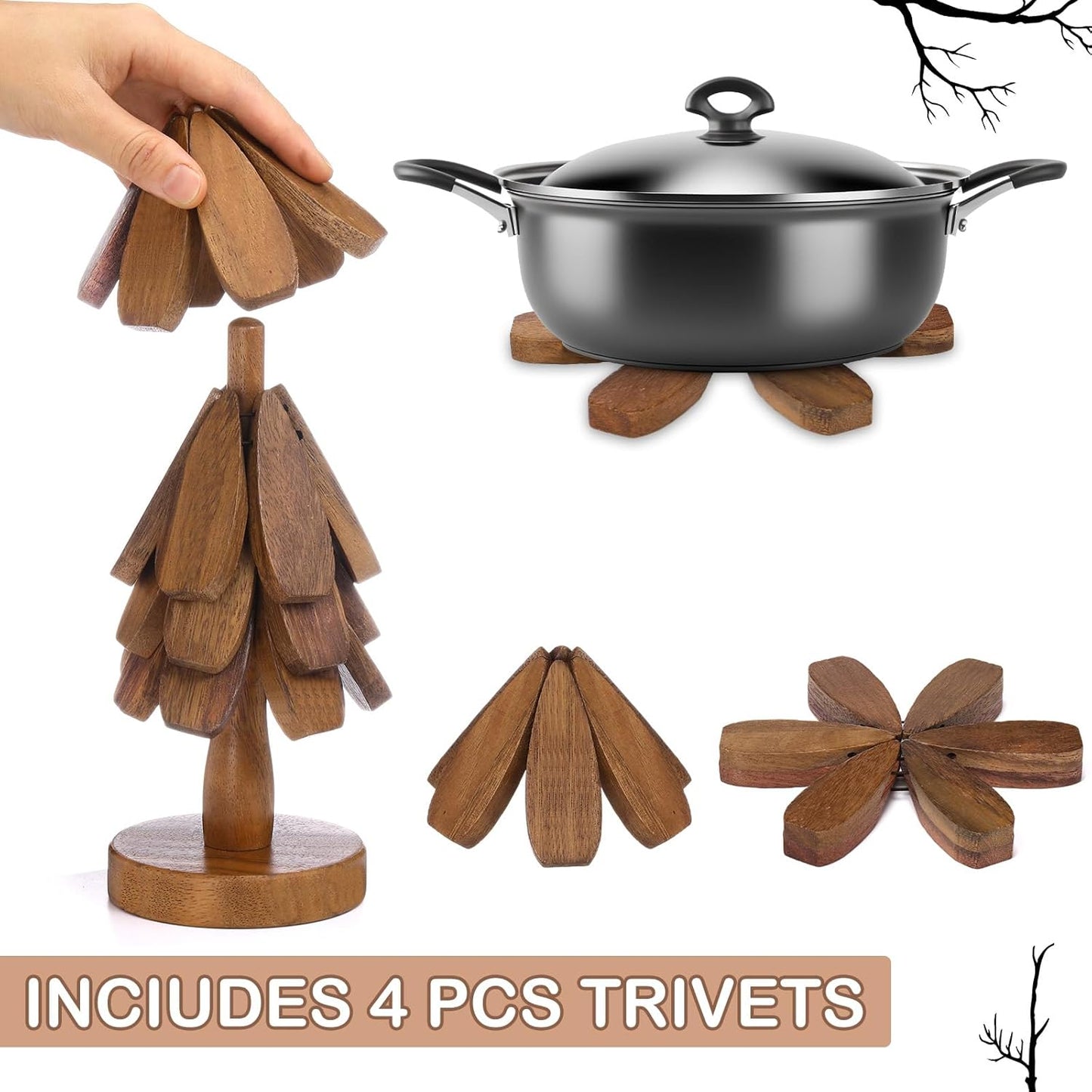 Wooden Tree Coaster Trivets Wood Trivets Set for Hot Dishes Set of 4 Christmas Tree Shape Foldable Wooden Coaster and 1 Stand Natural Trivet for Cups Plates Bowls Pots(Black Walnut Color)
