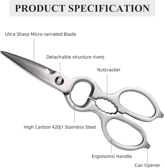 Sunnecko Heavy Duty Kitchen Scissors - Stainless Steel Kitchen Shears, Ultra Sharp Micro Serrated Poultry Shears, Cooking Scissors for Meat, Dishwasher Safe