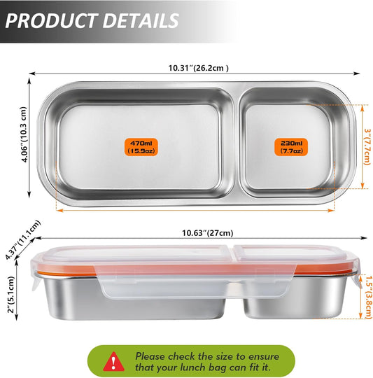 3 Pack Stainless Steel Snack Containers with Lids, Leakproof Lunch Box Containers, Reusable 2 Compartment Snackle Box, Grab and Go lunchable container for Travel