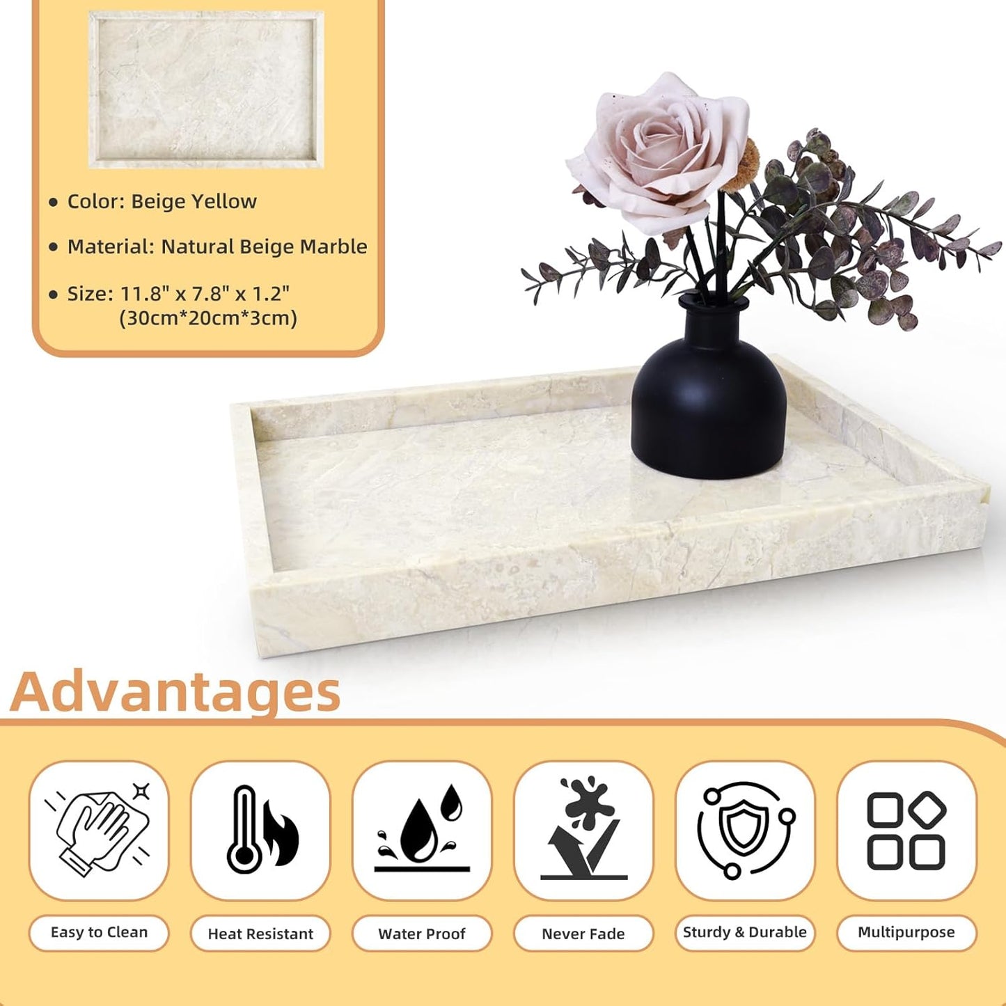 Yew & Tulip Natural Marble Vanity Tray, Luxury Stone with Beige Textures Serving Tray for Bathroom, Kitchen, Vanity, Home Decor, Wedding etc. (12" x 8" x 1.2")