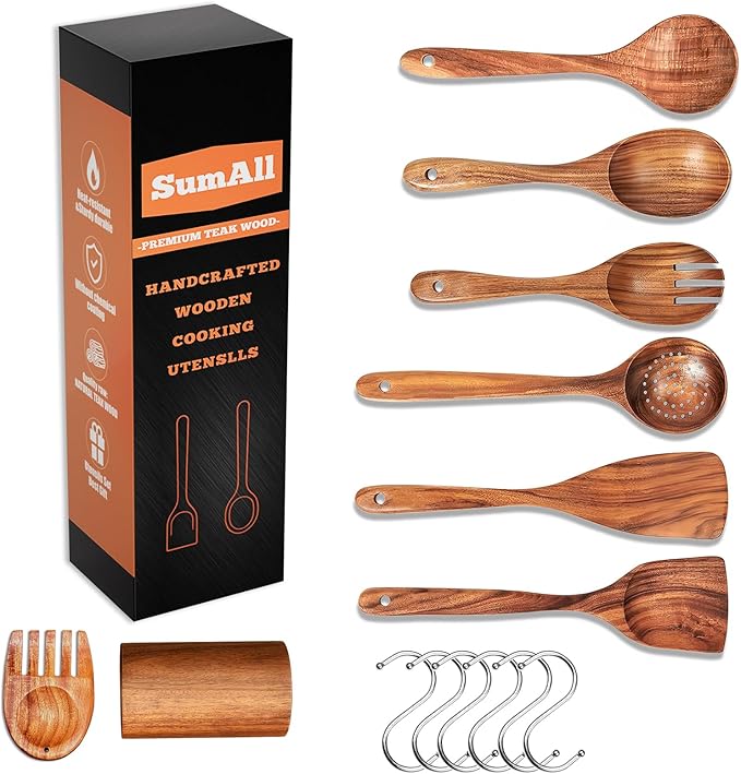 8 PCs Teak Wooden Utensil Set with Hooks, Wooden Spoons for Cooking, Wood Cooking Utensils Set, Comfort Grip, Non Stick Cookware, Easy to Clean, Kitchen Stuff, Wood Spatula