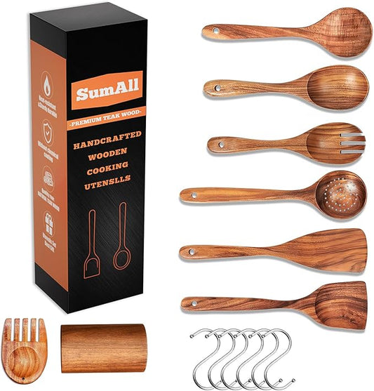 8 PCs Teak Wooden Utensil Set with Hooks, Wooden Spoons for Cooking, Wood Cooking Utensils Set, Comfort Grip, Non Stick Cookware, Easy to Clean, Kitchen Stuff, Wood Spatula