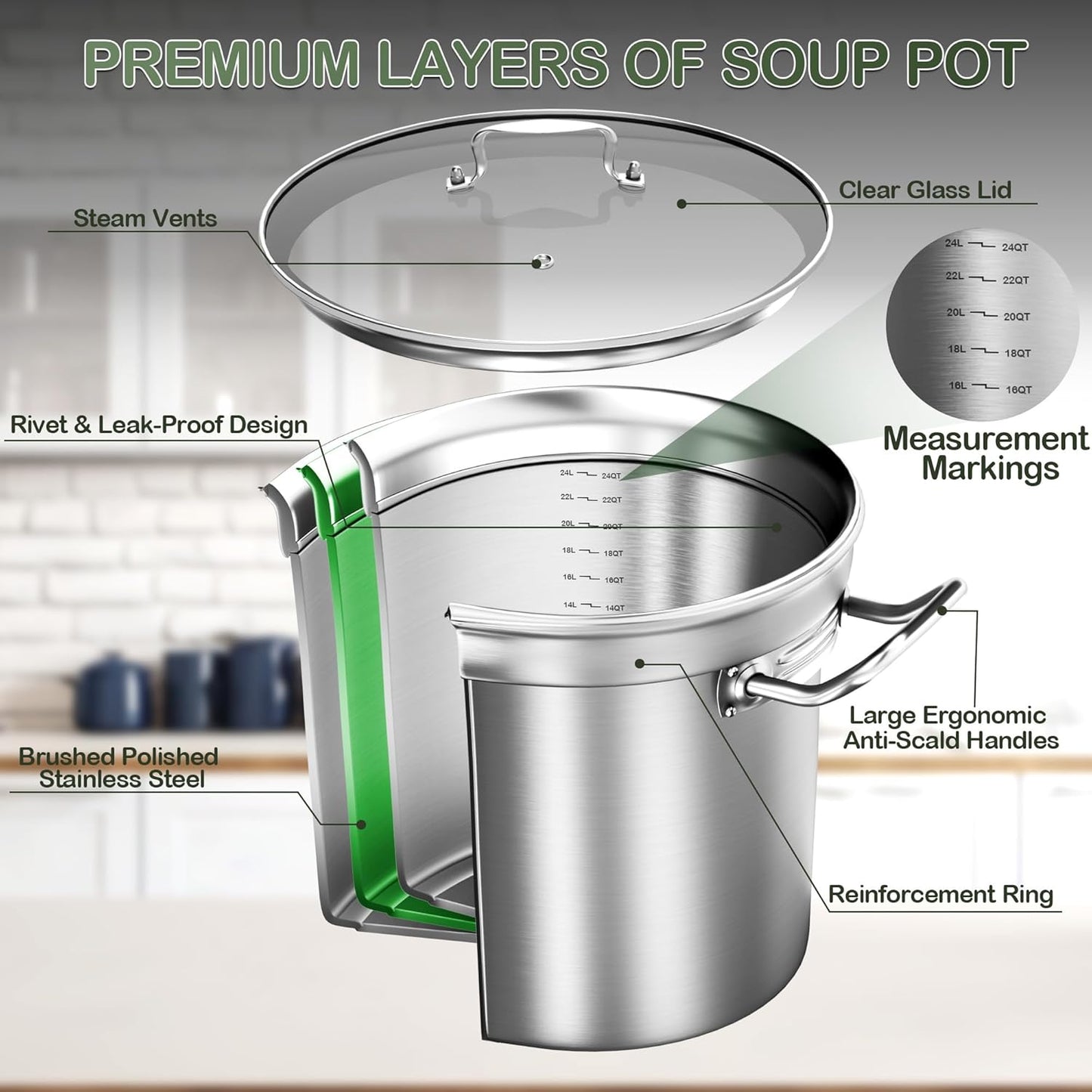 Stainless Steel Stock Pot - 24QT Heavy Duty Induction Cooking Pot with Visible Lid, Nonstick Thick Bottom Big Stockpot, Deep Cookware for Canning, Boiling Beer Brewing, Soup, Seafood Boil Soup Pots