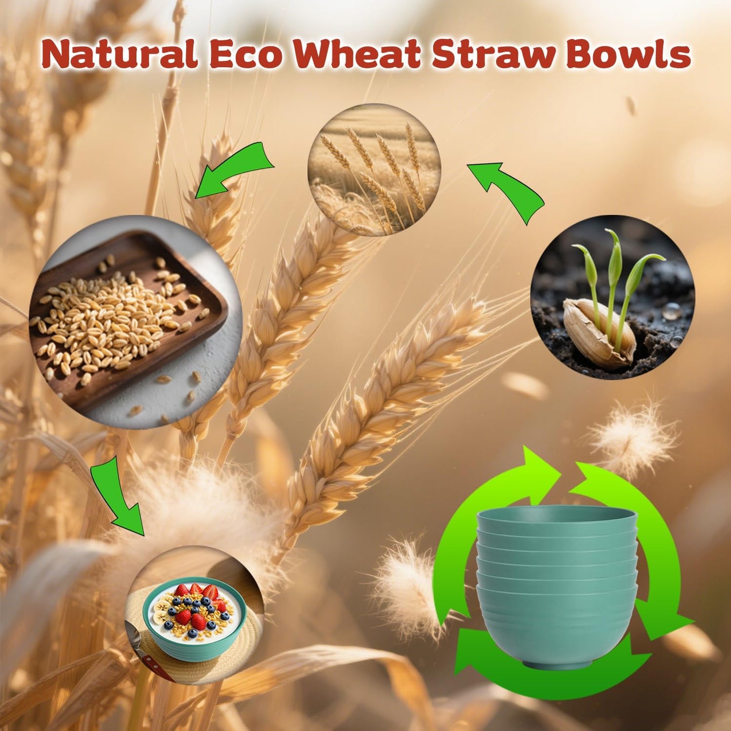Wrova 6-piece Wheat Straw Bowls sets 26oz,Alternative Plastic Bowls Reusable for indoors and outdoors,Microwave-able and Dishwasher Safe Bowls Sets Easy to Clean.Green Series