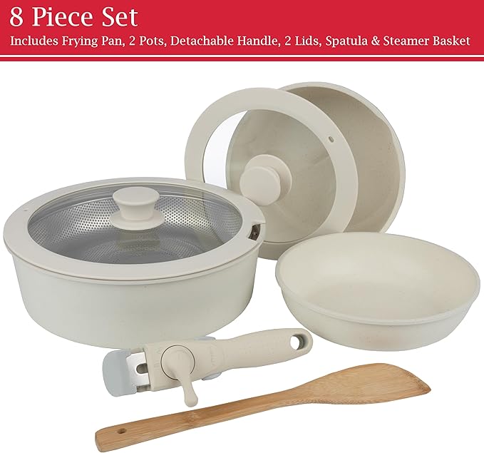 8-Piece Pots and Pans Set - Nonstick Cookware Set with Detachable Handle, Lids, Spatula, and Steam Pan - Kitchen Essentials by Home-Complete (Cream)