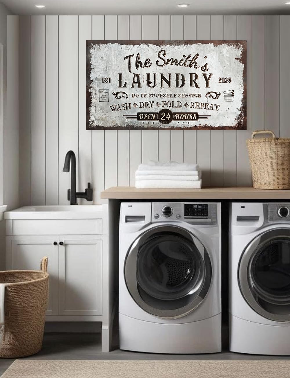 IPIC - Personalized Laundry Room Sign, Custom Large Canvas Wall Art with Family Name, Rustic Farmhouse Wall Decor and Accessories for Business and Home, Wash Dry Fold Repeat