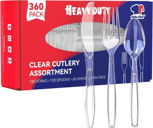 JOLLY CHEF 360 Count Heavy Duty Clear Plastic Silverware-180 Forks, 120 Spoons, 60 Knives, Heat Resistant Disposable Utensils Set, Clear Plastic Cutlery Set for Parties, Events, Everyday Use