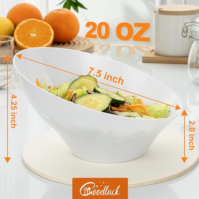 Goodluck 12 Pack White Plastic Serving Bowls for Party - 20 OZ Angled Disposable Serving Bowls for Wedding Party Chip, Candy, Salad & Fruit