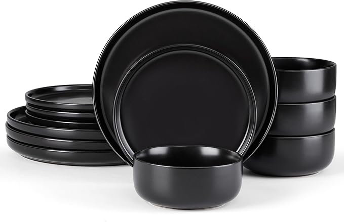 E-far Stoneware Dinnerware Sets for 4, 12-Piece Plates and Bowls Set, Modern Ceramic Dishes Dinning Ware, Microwave & Dishwasher Safe - Matte Black
