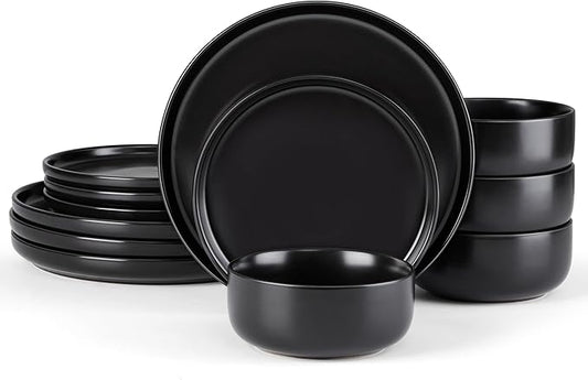 E-far Stoneware Dinnerware Sets for 4, 12-Piece Plates and Bowls Set, Modern Ceramic Dishes Dinning Ware, Microwave & Dishwasher Safe - Matte Black