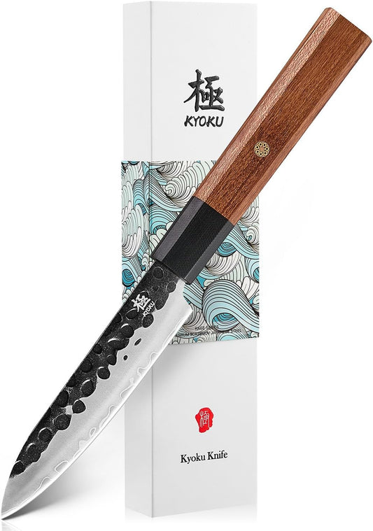 KYOKU Utility Chef Knife, Kage Series 4.5" Kitchen Knife with 3-Layer Laminated Steel Blade Rosewood Handle, Japanese Utility Knife with Sheath, Professional Kitchen Knife for Chopping Slicing Paring