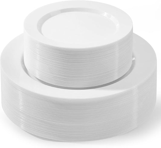 100 PCS White Plastic Plates, Plastic Thanksgiving Plates Disposable Include 50 Dinner Plate and 50 Dessert Plate Perfect for Holiday, Wedding & Thanksgiving Party