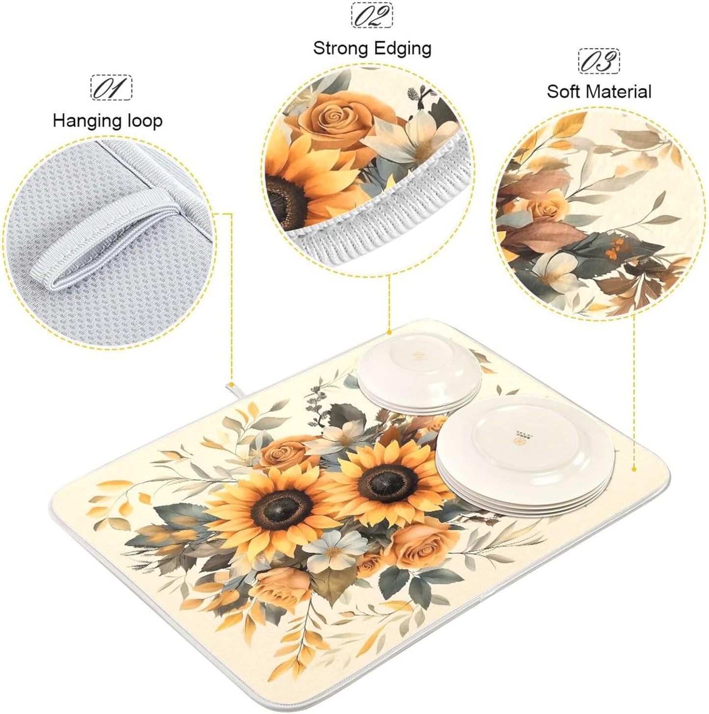 Sunflower Leaf Flower Dish Drying Mat for Kitchen Counter Absorbent Dish Drainer Mats Drying Pads 16"x18"