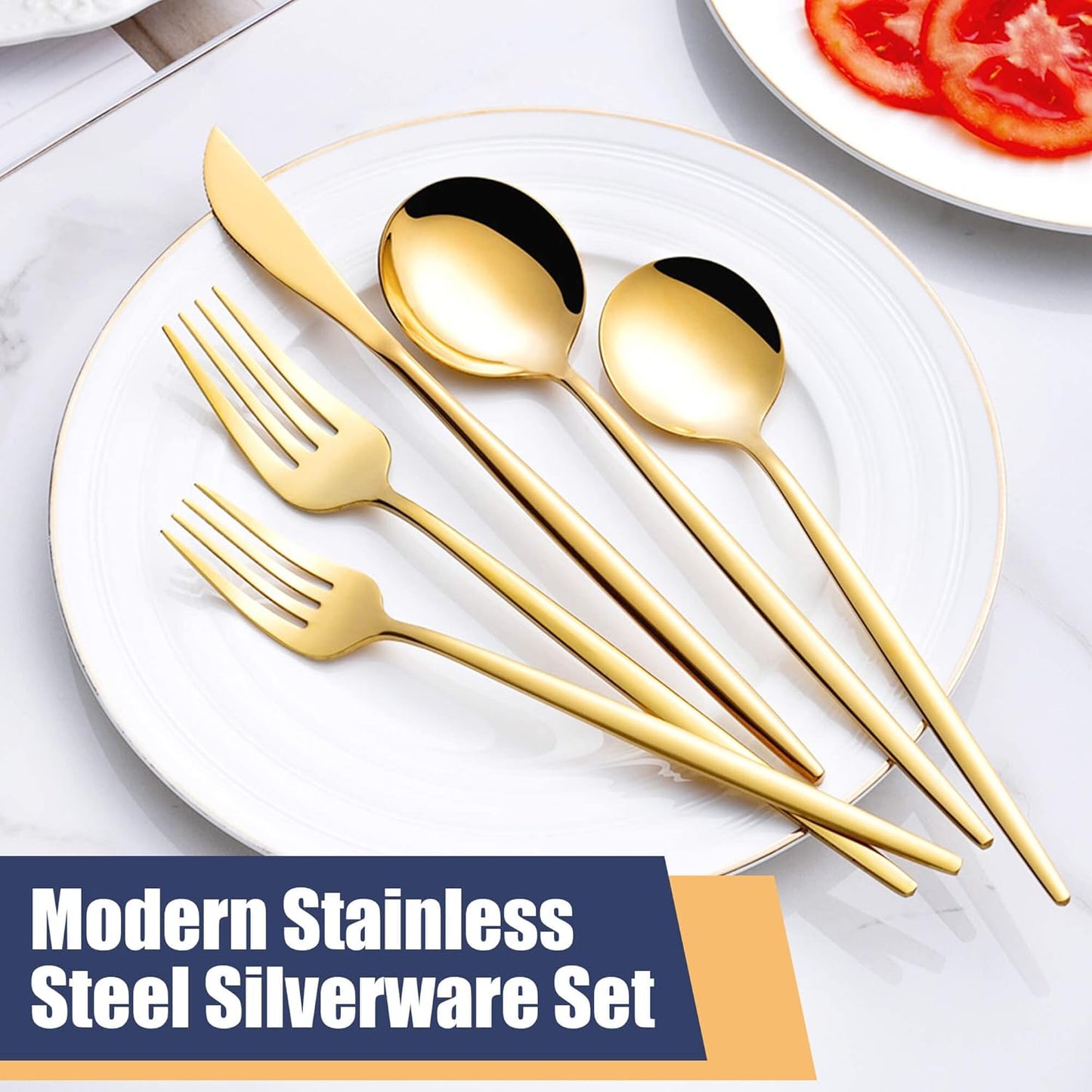 20 Piece Gold Silverware Set,Stainless Steel Flatware Cutlery Set Service for 4 Including Forks Spoons Knives,Kitchen Utensil Set,Tableware for Home and Restaurant, Dishwasher Safe
