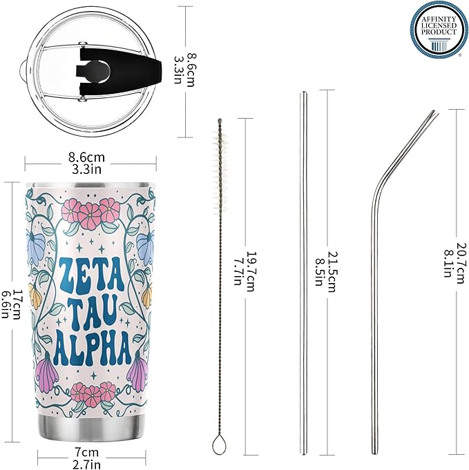Zeta Tau Alpha Paraphernalia - Officially Licensed - 20 oz Stainless Steel Insulated Sublimation Tumbler - Flowers