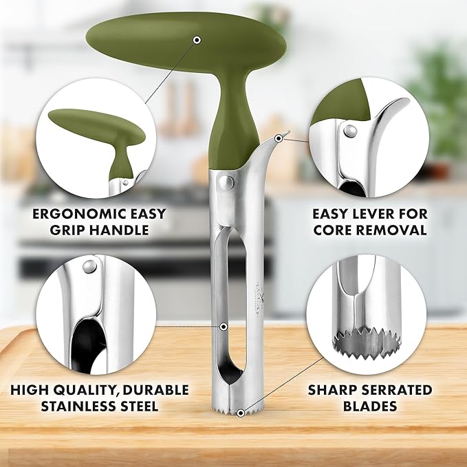 Zulay Kitchen Premium Apple Corer Tool - Ultra Sharp, Stainless Steel, Serrated Blades for Easy Coring - Easy to Use & Clean, Durable Apple Corer Remover for Baking Apples & More - Olive Green