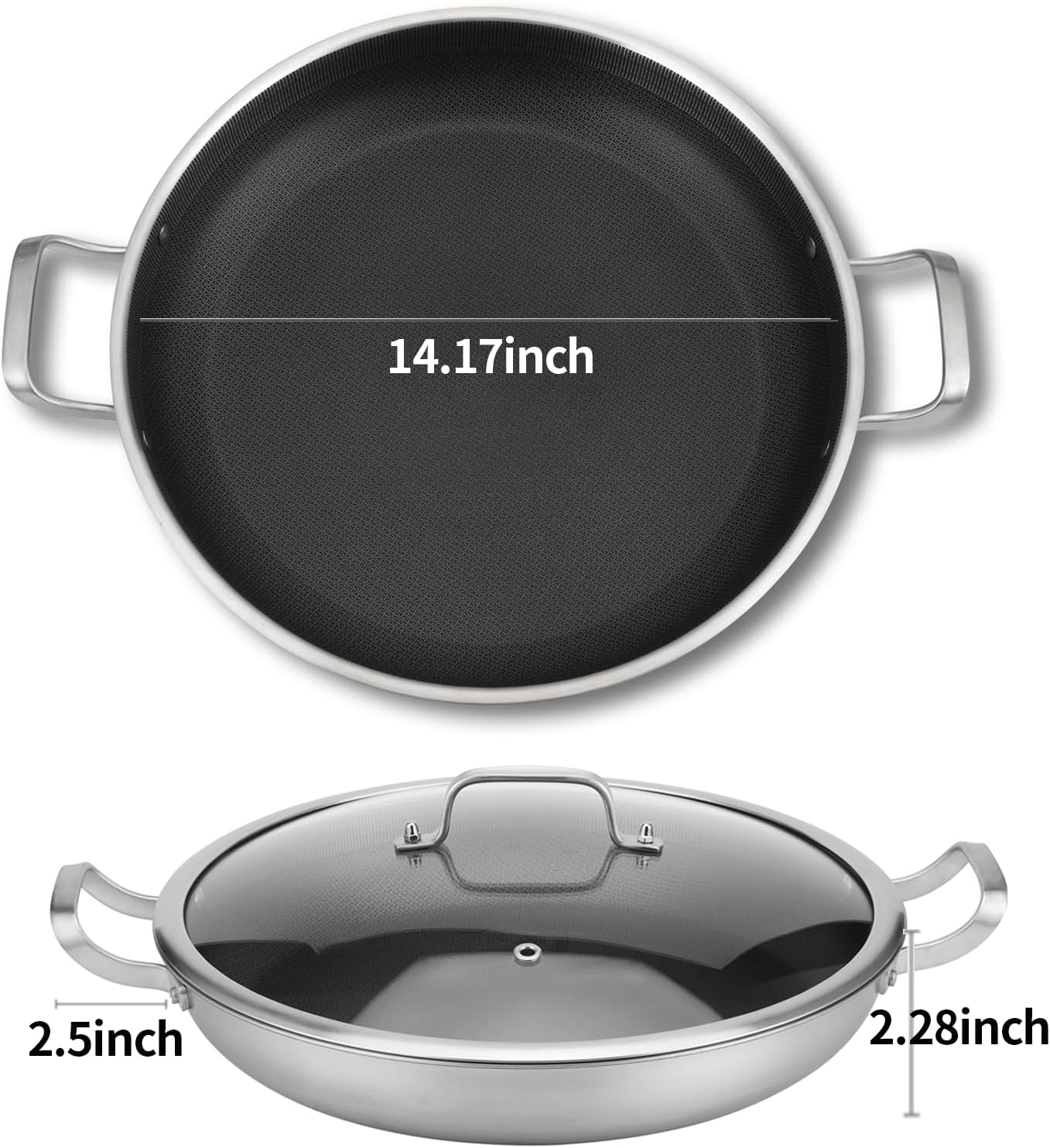 DELARLO 13 Inch Tri-Ply Stainless Steel Paella Pan with Lid Nonstick Frying Pan, Hybird Induction Large Skillets,Great for Paella Parties Indoors Outdoors,Heavy Duty Style