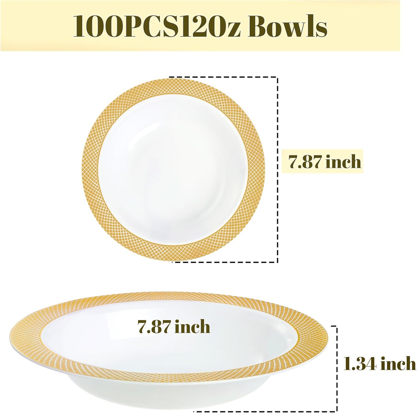 I00000 100 Gold Plastic Bowls, 12 oz White Disposable Bowls,Fancy Plastic Salad Bowl,Premium Heavy Duty Disposable Soup Bowl for Parties,Weddings,Dinners, Catering, Picnics