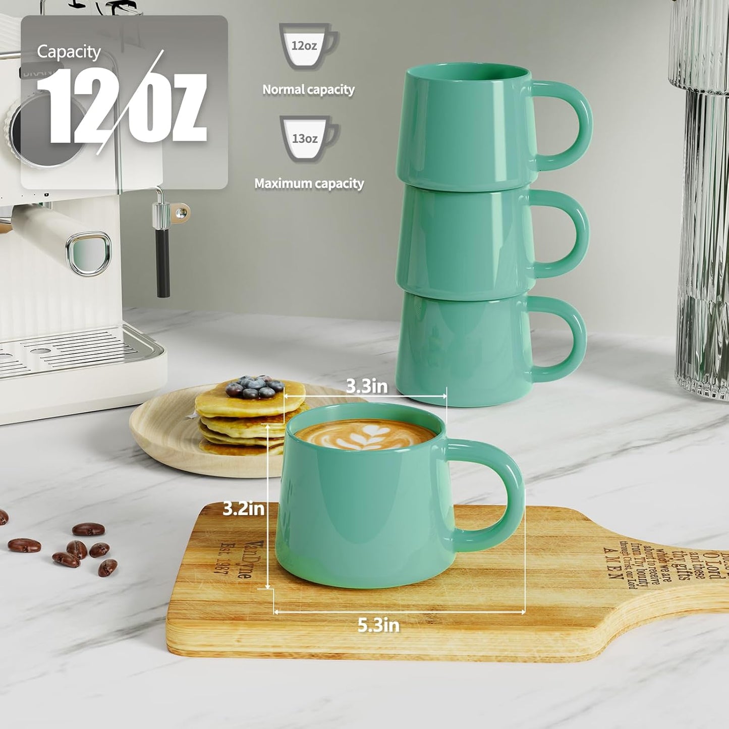 12 oz Coffee Mugs Set of 4, Modern Stackable Coffee Cups Set for Latte, Hot Tea, Cappuccino, Ceramic Coffee Mug Tea Cup, Dishwasher & Microwave Safe, Housewarming Wedding Present (Turquoise)