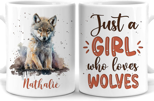 Hyturtle Personalized Gifts Wolf Lover - Just A Girl Who Loves Wolves Custom Name Ceramic Coffee Mug Cup 11oz - Idea Cute Animal Lover Gifts For Women, Girl Daughter On Birthday, Christmas