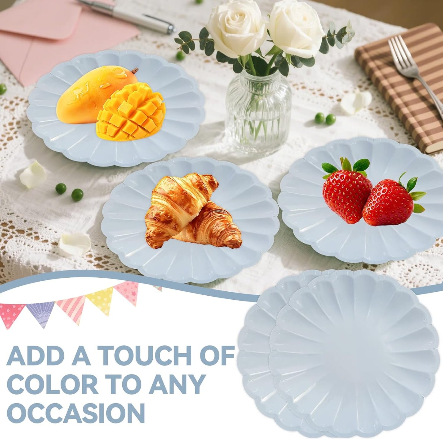 50Pcs Large Scalloped Light Blue Paper Plates 7Inch Shell Edge Dessert Plates for Cake Salad Fruit Disposable Dessert Serving Plates for Birthday Wedding Baby Shower Party Decorations