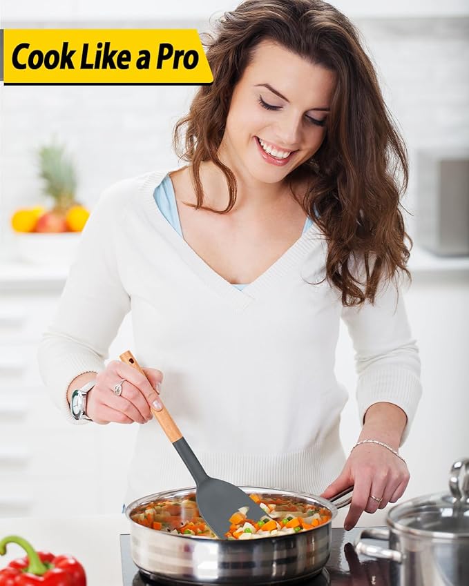 Pack of 4 Silicone Cooking Utensils Set, Non Stick Solid Spatulas and Heat Resistant Slotted Spoons with Wooden Handle, Ideal Wood Kitchen Utensils Set for Frying,Serving,Turning,Stirring (GRAY)