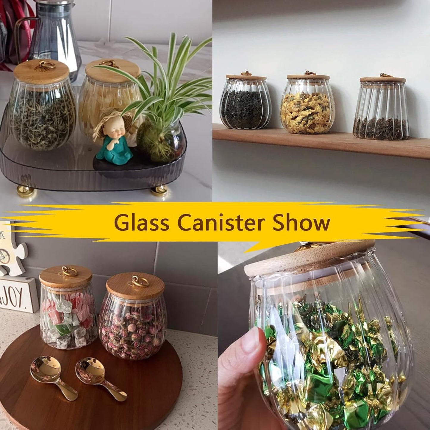 Viovian 34oz Decoration Glass Jars with Wood Lids and Spoon Food Storage Canister Container for Coffee Nut Cookie Candy Sugar Medium Clear Vintage Glass Jar With Lid 1000ml