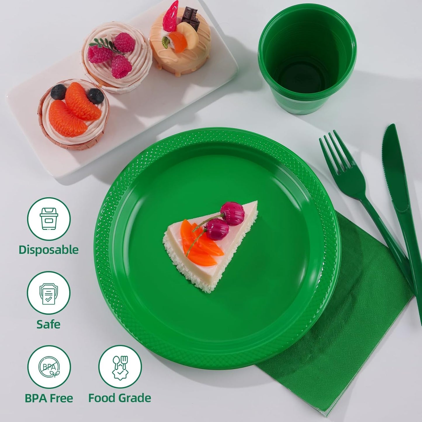 Green Party Supplies,Green Disposable Plates,Including Green Plastic Plates and Napkins, Plastic Cutlery and 12OZ Cups for Engagement Wedding Birthday Christmas Party,Serve 25 Guests