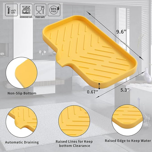 Silicone Bathroom Soap Dishes with Drain Spout-Bathroom and Kitchen Sink Organizer,Sponge Holder,Dish Soap Tray,Perfect for Dispenser,Scrubber,Bottle,Cup on Sink or Counter-Yellow 9.6"×5.3"
